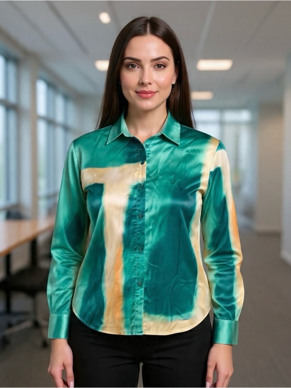 SHEIN Contemporary Office Chic Faux Satin  Button-Down Shirt PTP 22”